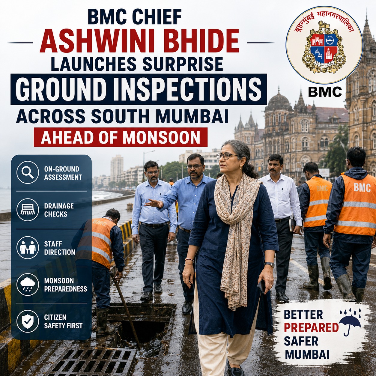 BMC Chief Ashwini Bhide Launches Surprise Ground Inspections Across South Mumbai Ahead of Monsoon